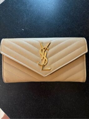 Yves Saint Laurent Beige Quilted Leather Wallet with Gold YSL Logo